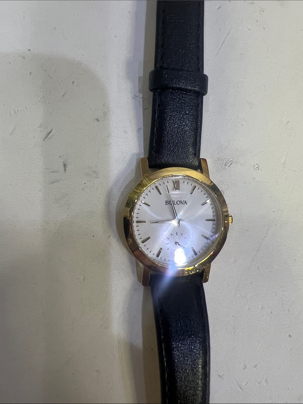 Ladies Bulova Gold-Tone Case with Black Leather Strap Watch